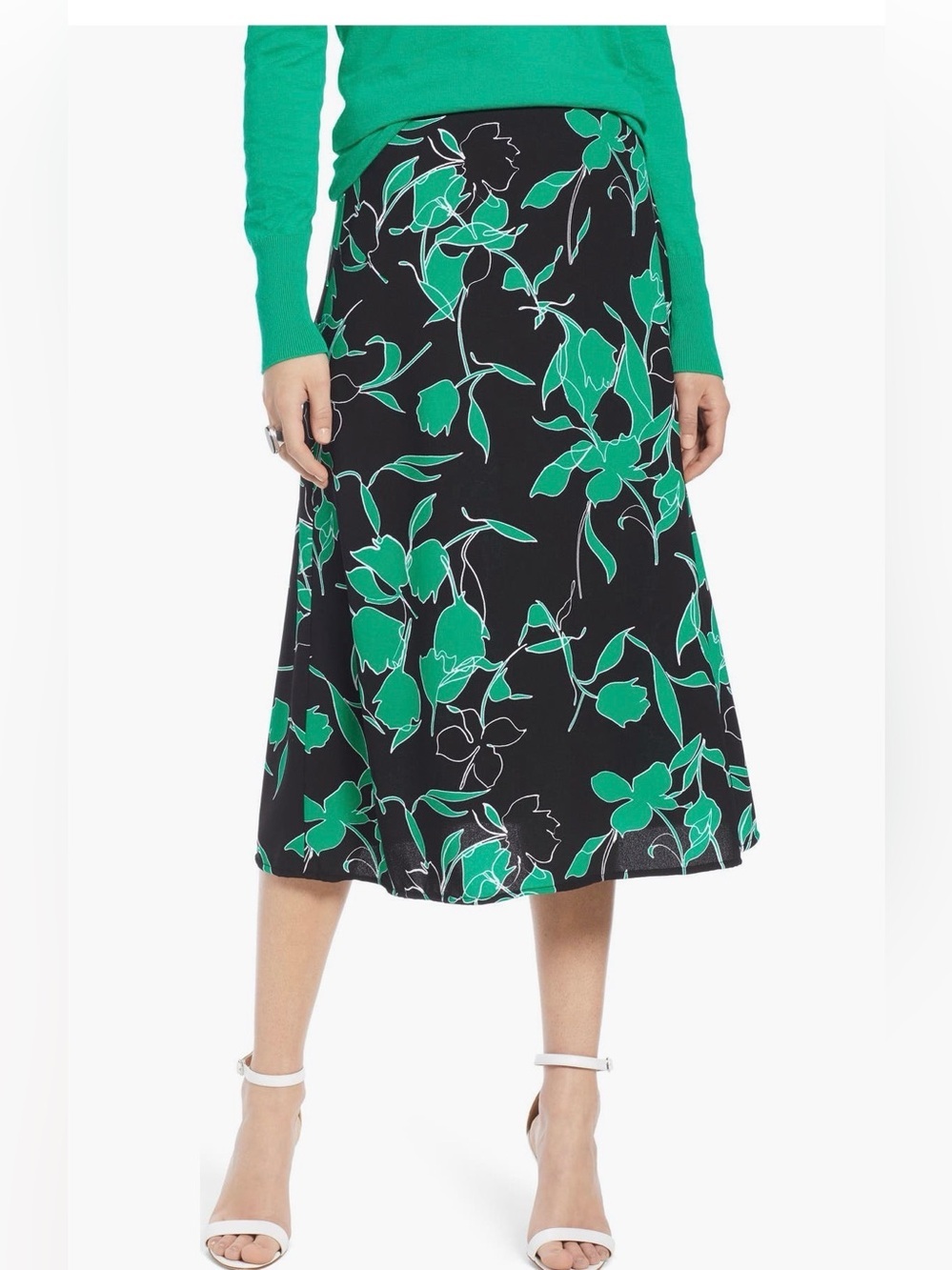 Halogen Black and Green Floral Midi Skirt